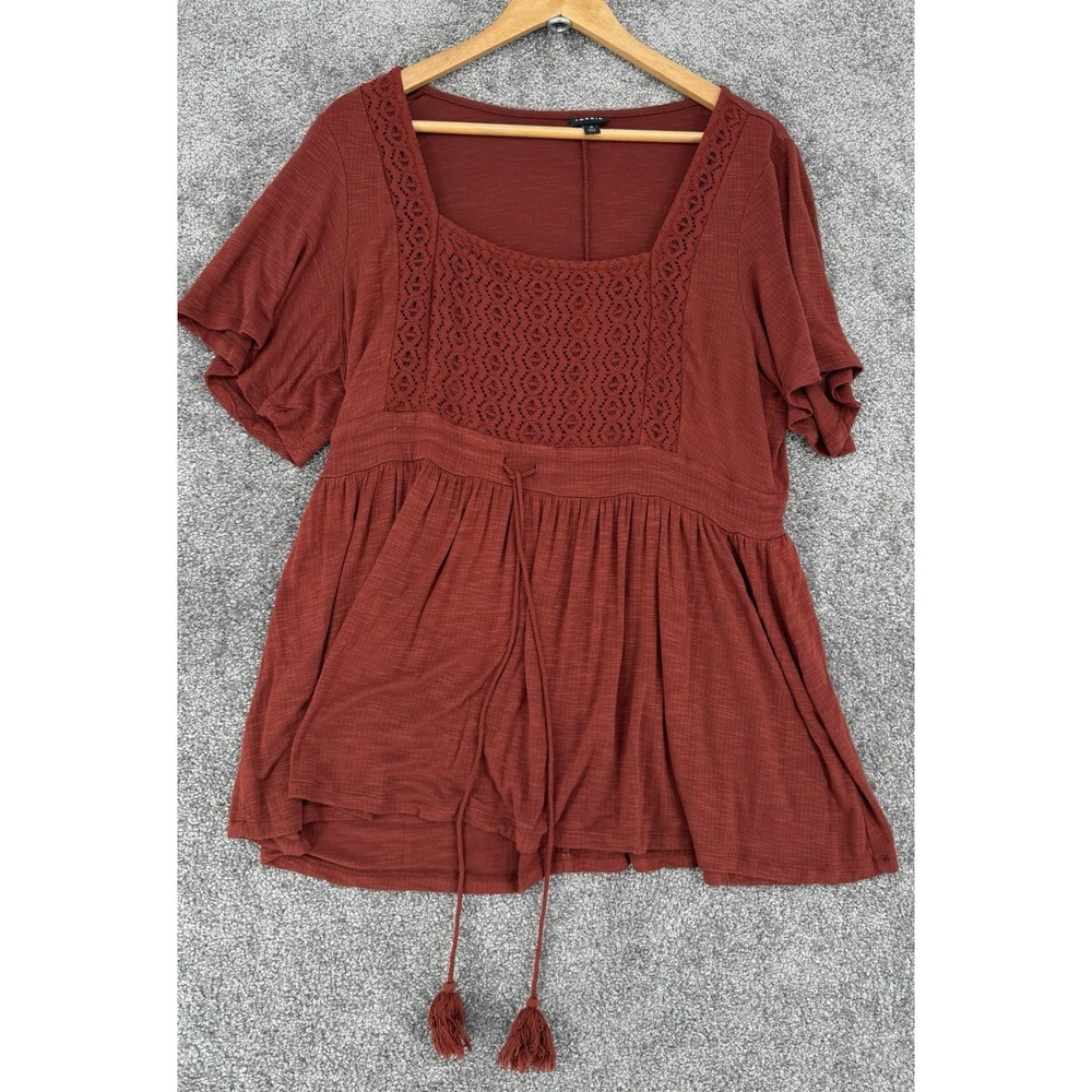Torrid Size 0 Rust Boho Babydoll Top Crochet Lace Tassel Tie Peplum Stretch